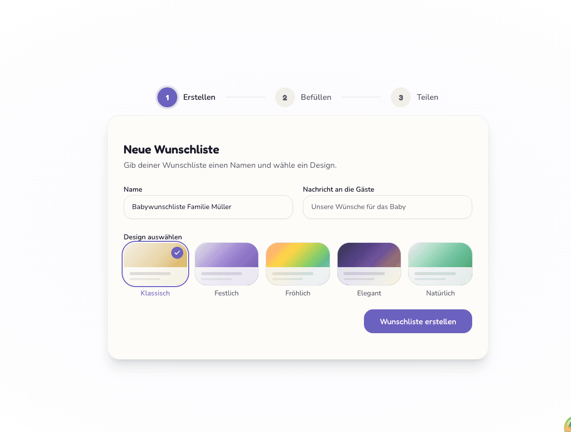 Screenshot der Wunderzettel-App beim Erstellen einer Baby-Wunschliste mit Namensfeld und Design-Auswahl