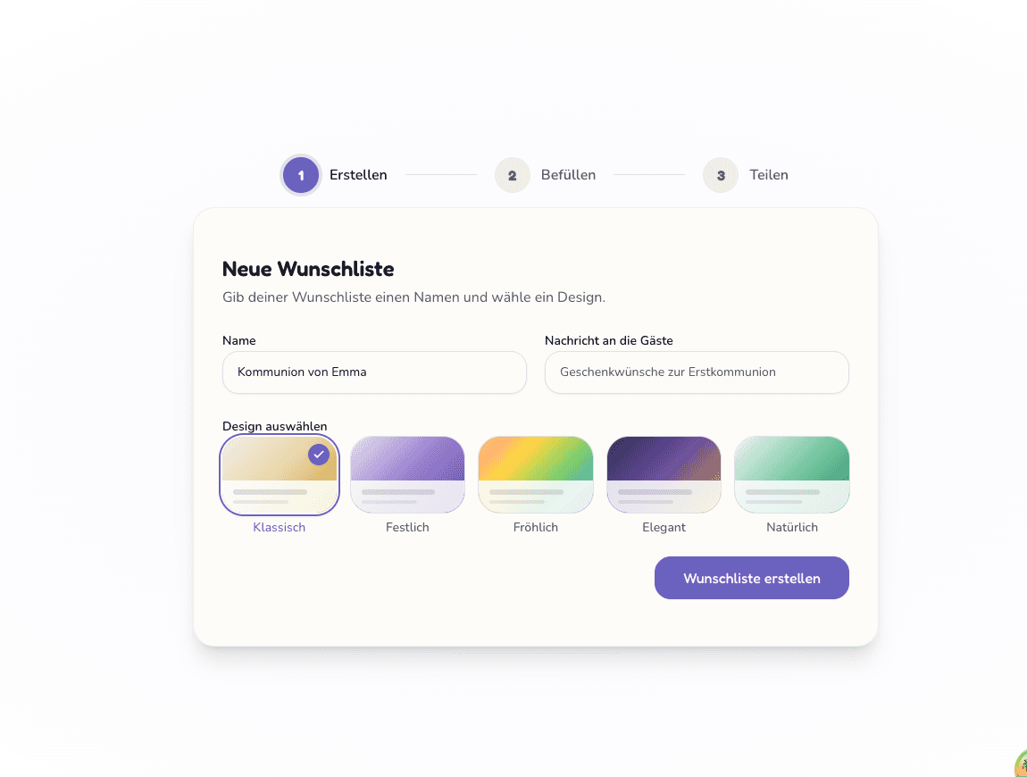 Screenshot der Wunderzettel-App beim Erstellen einer neuen Kommunions-Wunschliste mit Namensfeld und Design-Auswahl