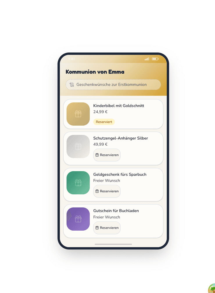 Kommunions-Wunschliste auf einem Smartphone mit reservierten und verfügbaren Geschenken aus der Gast-Perspektive