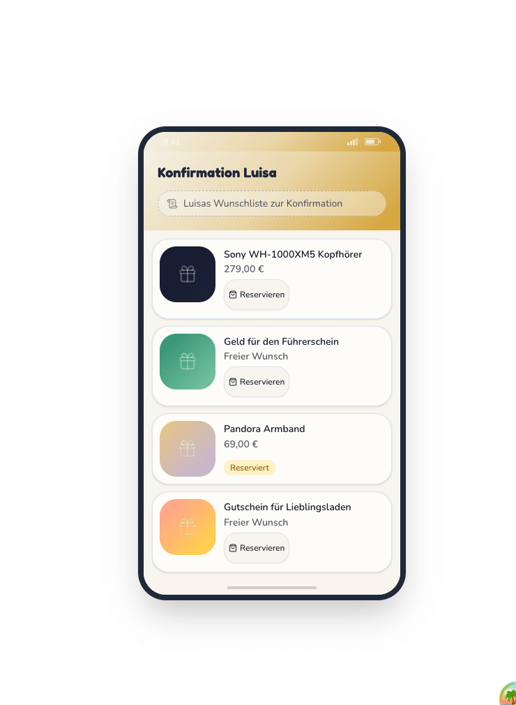 Konfirmations-Wunschliste auf einem Smartphone mit reservierten und verfügbaren Geschenken aus der Gast-Perspektive