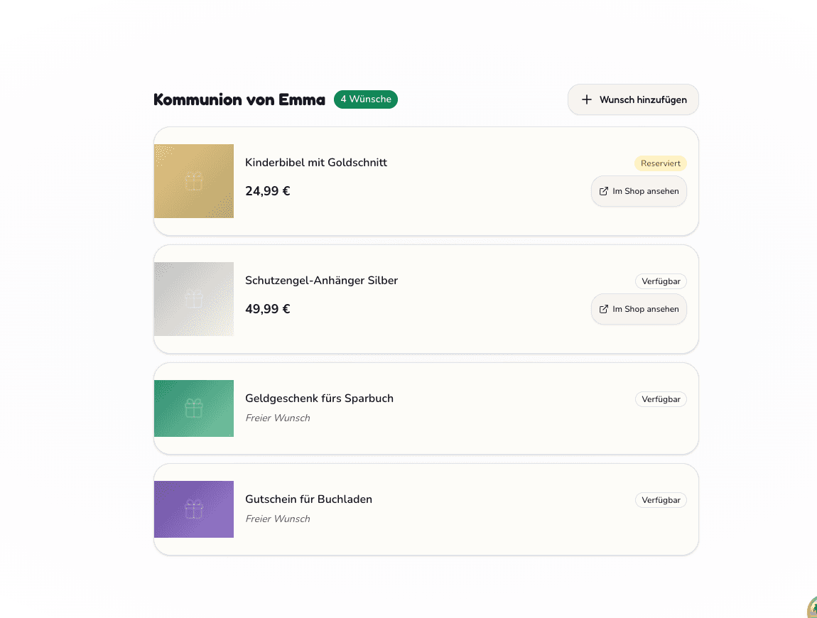 Screenshot der Wunderzettel-App mit einer Kommunions-Wunschliste voller Geschenkwünsche wie Kinderbibel, Schutzengel und Geldwunsch