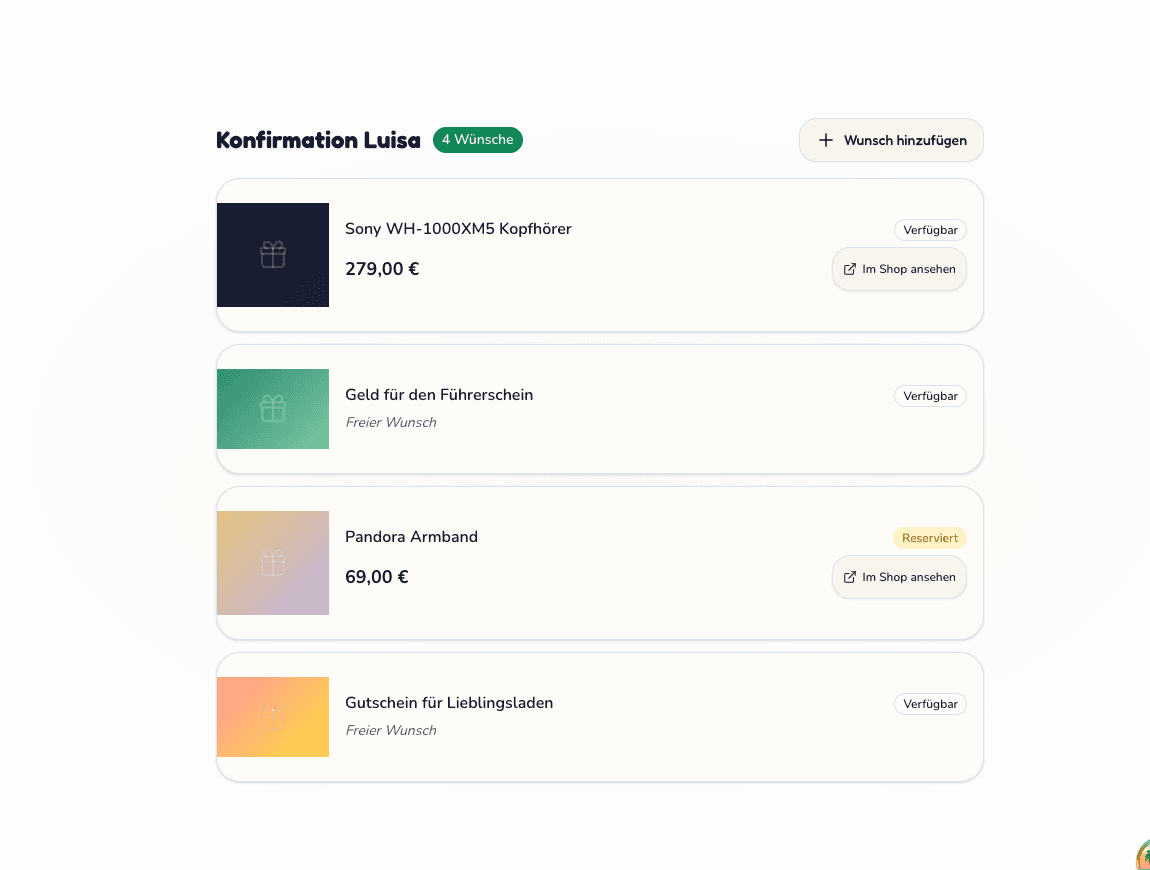 Screenshot der Wunderzettel-App mit einer Konfirmations-Wunschliste mit Produkten, Geldwünschen und Gutscheinen