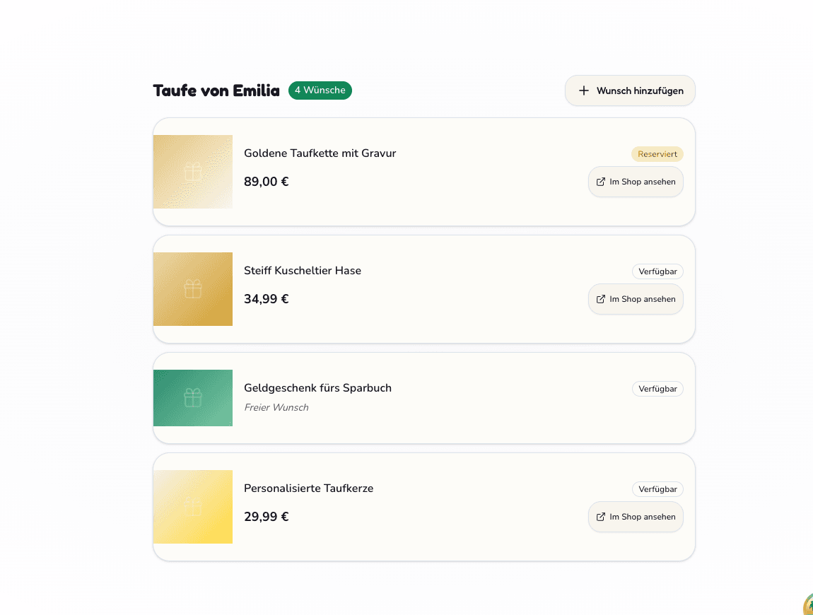 Screenshot der Wunderzettel-App mit einer Tauf-Wunschliste mit Taufkette, Kuscheltier und einem Geldwunsch