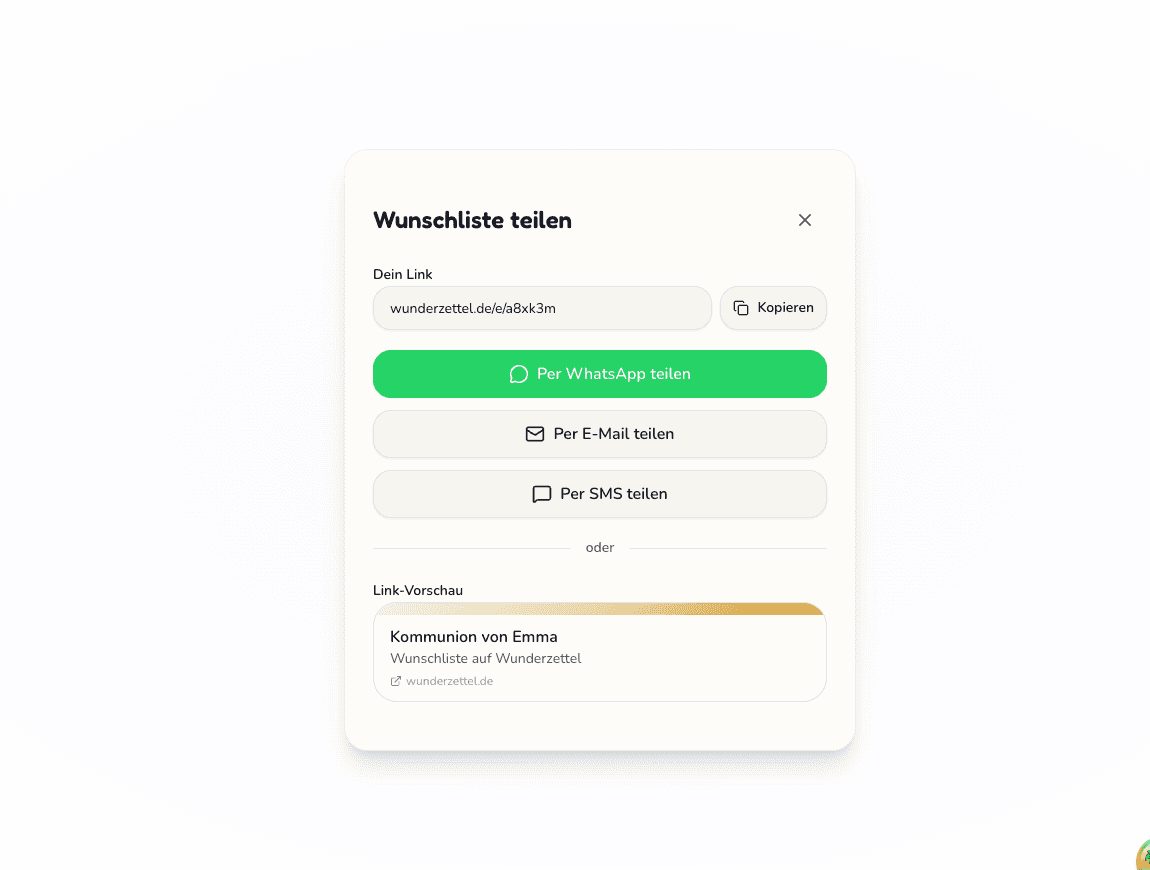 Screenshot der Wunderzettel-App mit dem Teilen-Dialog, der Optionen für WhatsApp, E-Mail und Link-Kopieren zeigt