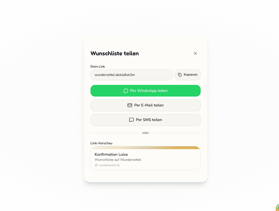 Screenshot der Wunderzettel-App mit dem Teilen-Dialog für die Konfirmations-Wunschliste