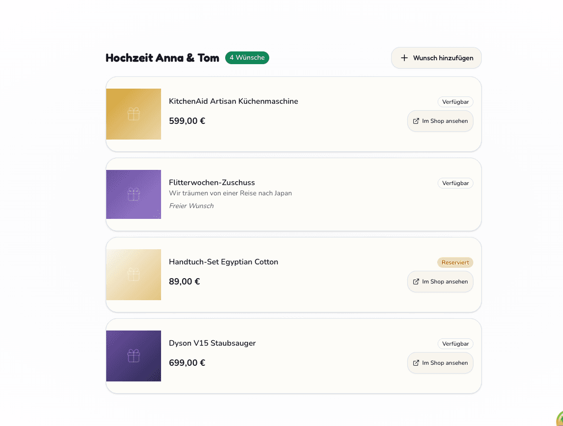 Screenshot der Wunderzettel-App beim Hinzufügen eines Hochzeitsgeschenks per URL mit automatischer Erkennung und Option für Geldwünsche