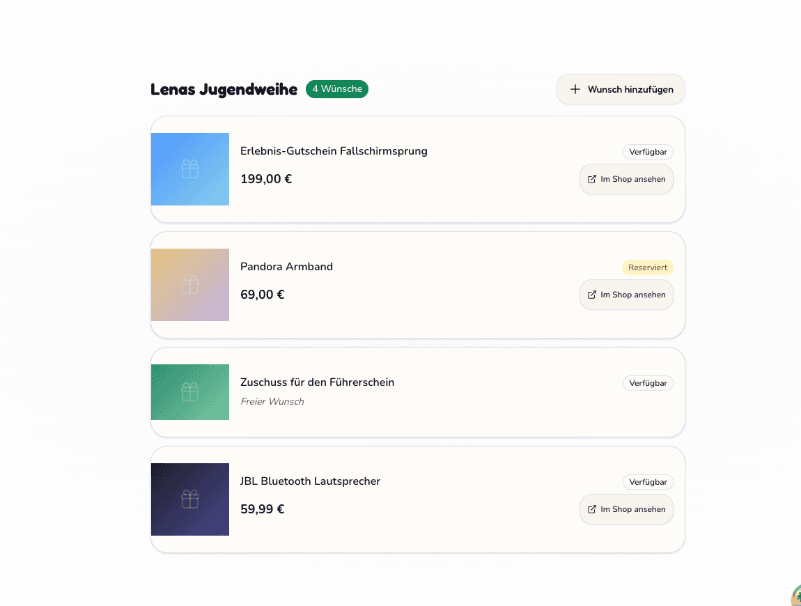 Screenshot der Wunderzettel-App mit einer Jugendweihe-Wunschliste mit Erlebnisgutschein, Armband und Geldwunsch