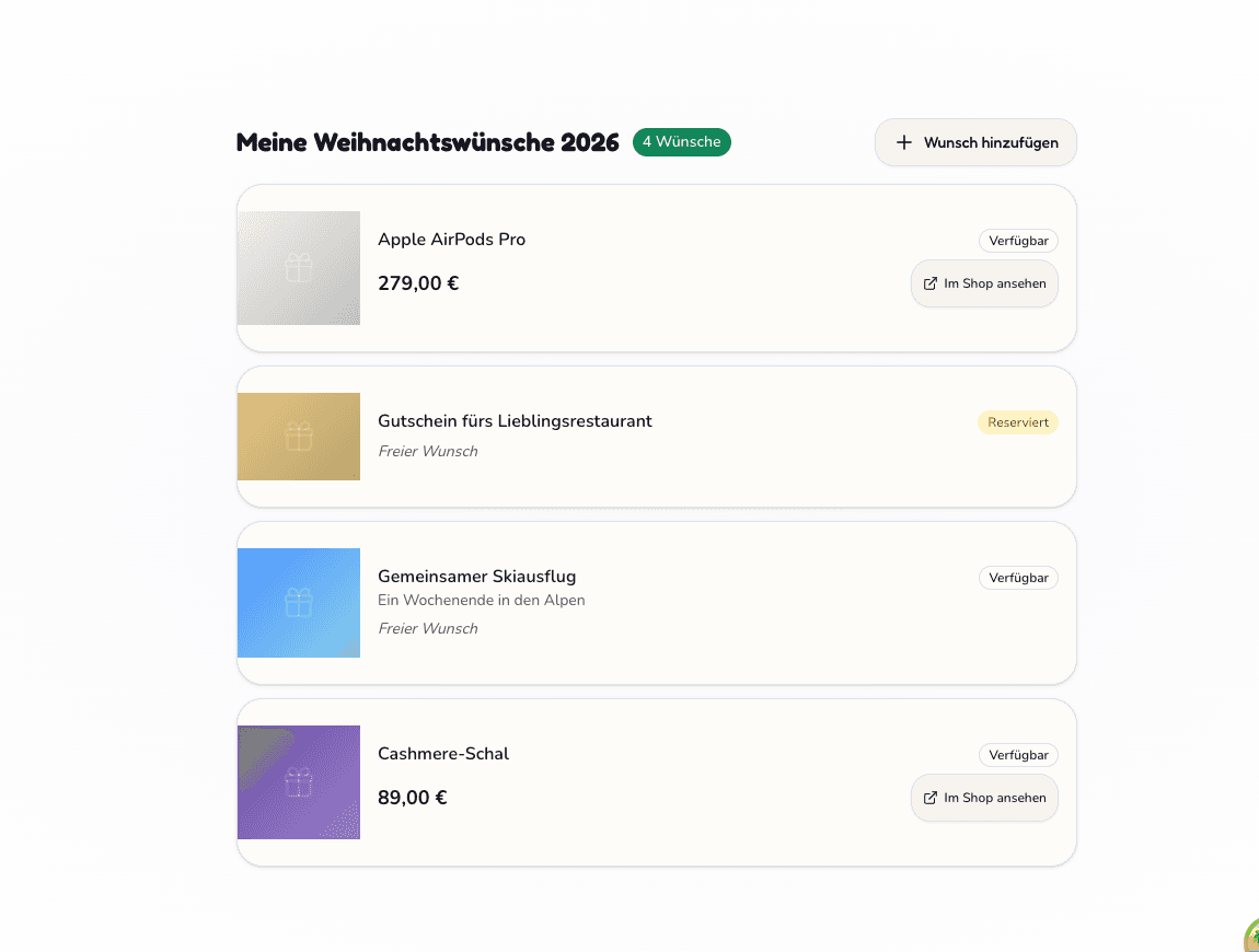 Screenshot einer Weihnachtswunschliste mit Produkten aus Online-Shops und freien Wünschen wie Gutscheinen und Erlebnissen