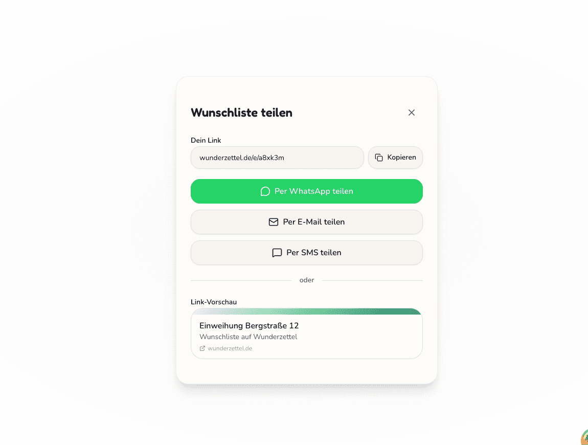Screenshot der Wunderzettel-App mit dem Teilen-Dialog, der Optionen für WhatsApp, E-Mail und Link-Kopieren zeigt