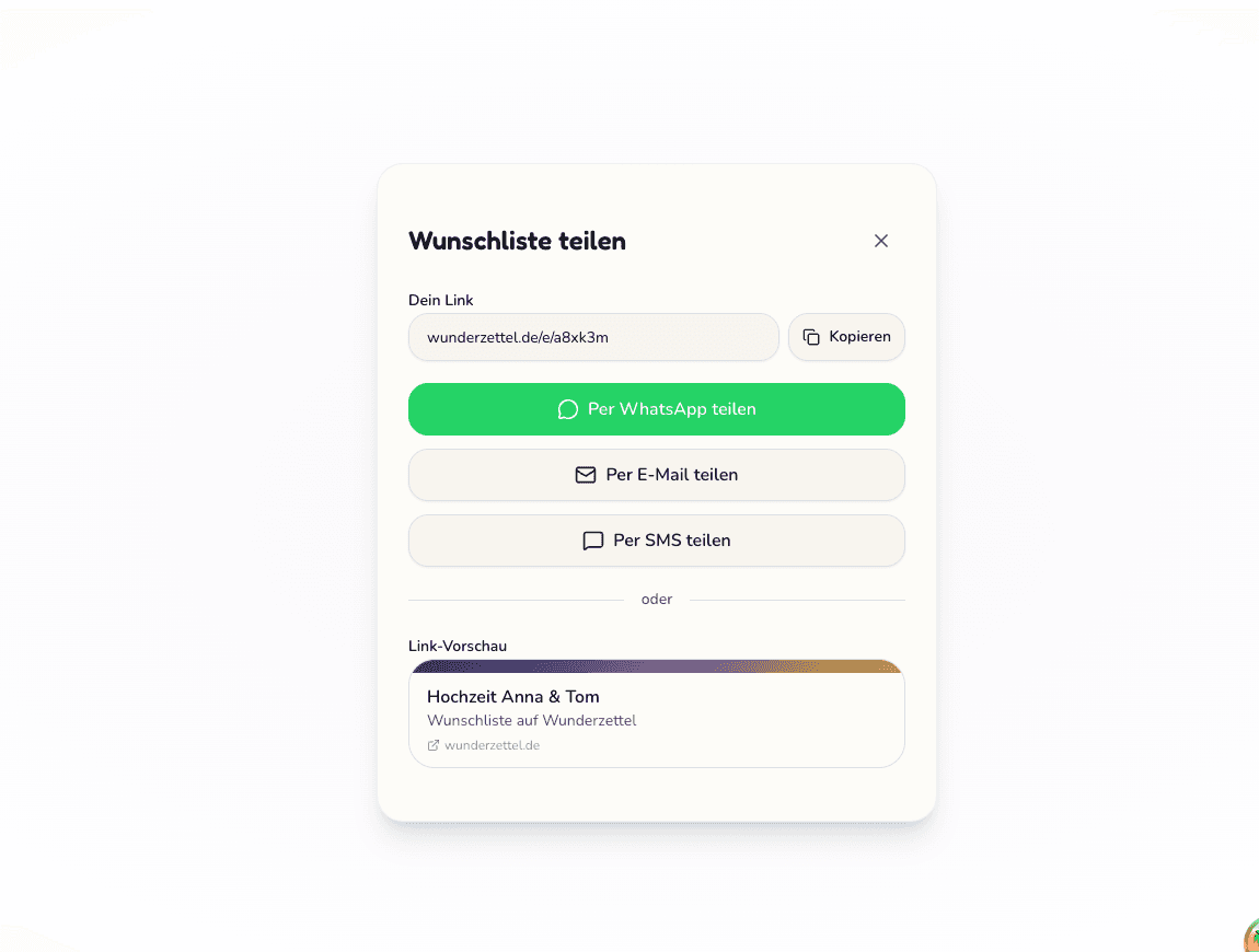 Screenshot der Wunderzettel-App mit dem Teilen-Dialog für die Hochzeitswunschliste mit WhatsApp, E-Mail und Link-Optionen