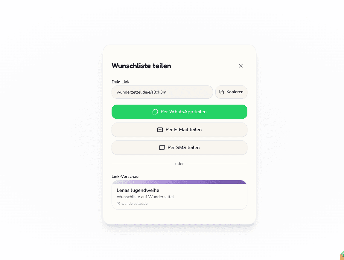 Screenshot der Wunderzettel-App mit dem Teilen-Dialog, der Optionen für WhatsApp, E-Mail und Link-Kopieren zeigt