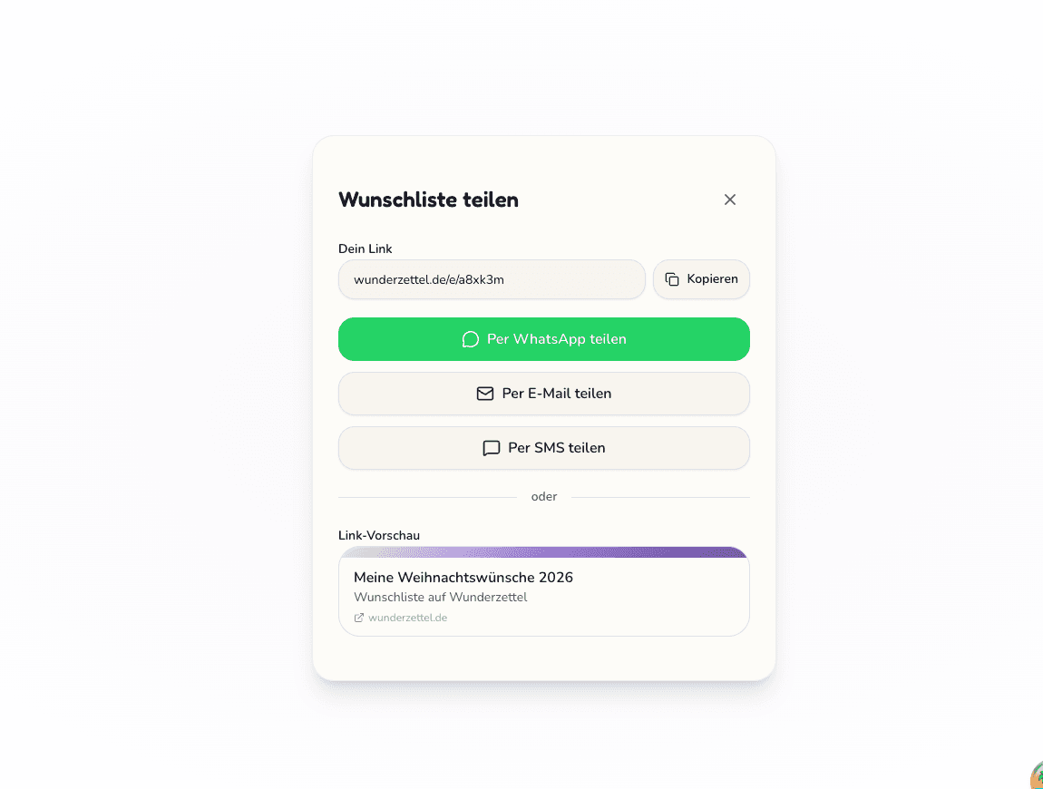 Screenshot der Wunderzettel-App mit dem Teilen-Dialog für eine Weihnachtswunschliste per WhatsApp, E-Mail oder Link