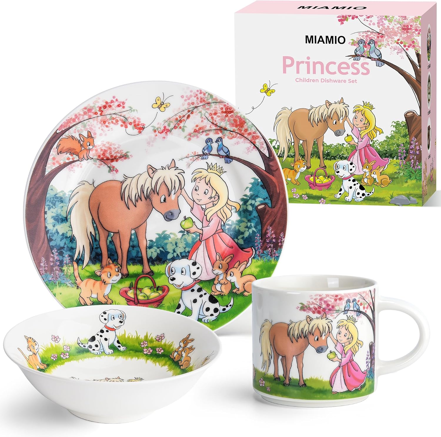 MIAMIO - 3er-Set Kindergeschirr/Porzellan Kinderbesteck, Kindergeschirr-Set aus Porzellan - Inklusive Teller, Schüssel und Tasse - Für Kinder und Kleinkinder (Prinzessin)