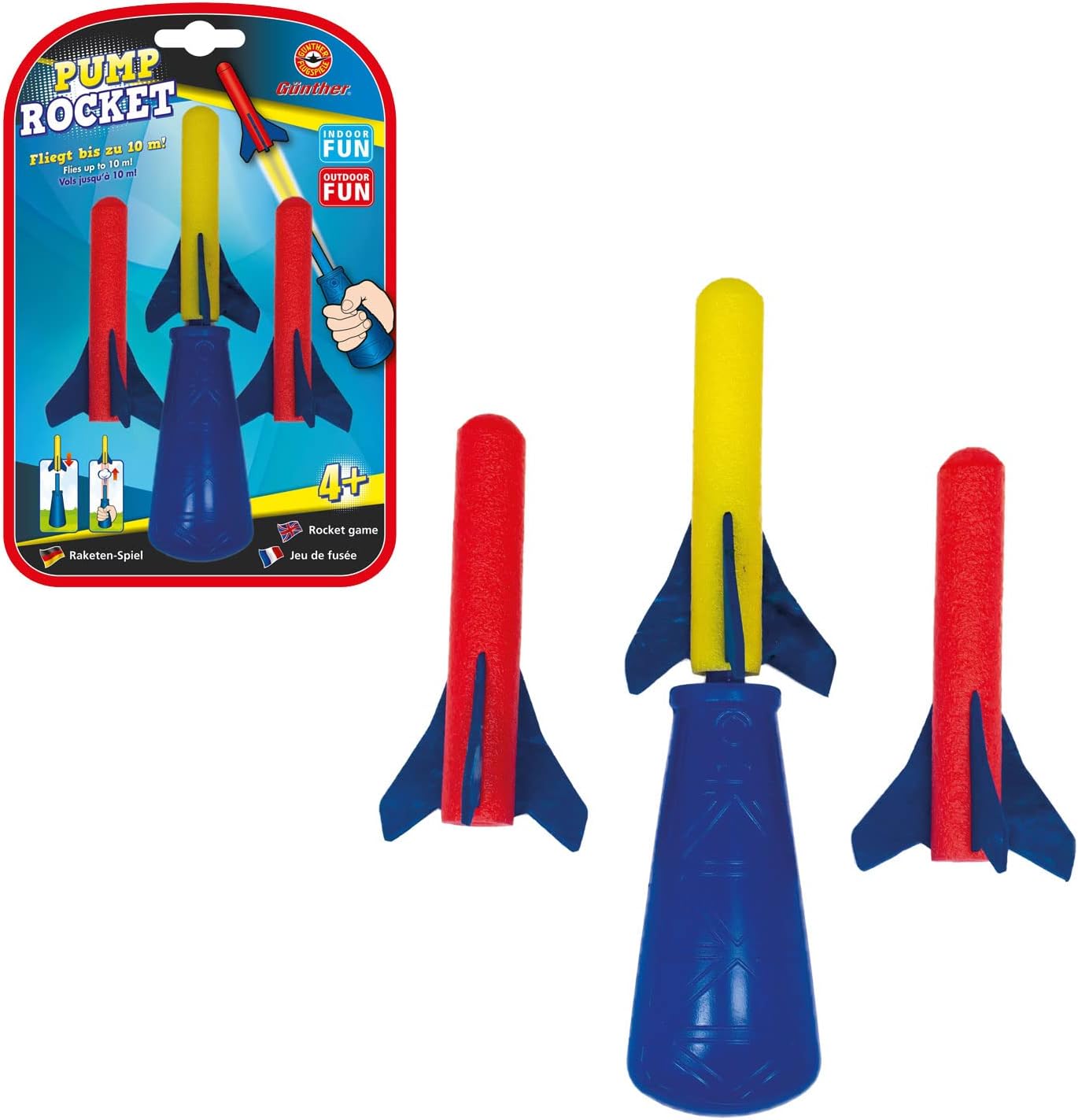 Günther Flugspiele 1557 - Raketenspiel Pump Rocket, ca. 15 x 8 cm, Wurfspiel mit 3 Schaumstoff-Raketen und Abschusspistole, Raketen Spielzeug für Kinder ab 4 Jahren, bis zu 10 m Reichweite