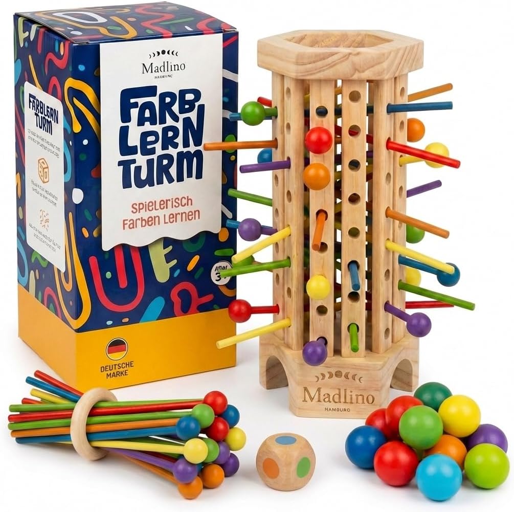Farblernturm – Montessori Spielzeug ab 3 Jahre für Mädchen & Jungen – Motorik Spielzeug Farben & Geschicklichkeit – Geschenk Kinder – Holzspielzeug pädagogisch wertvoll