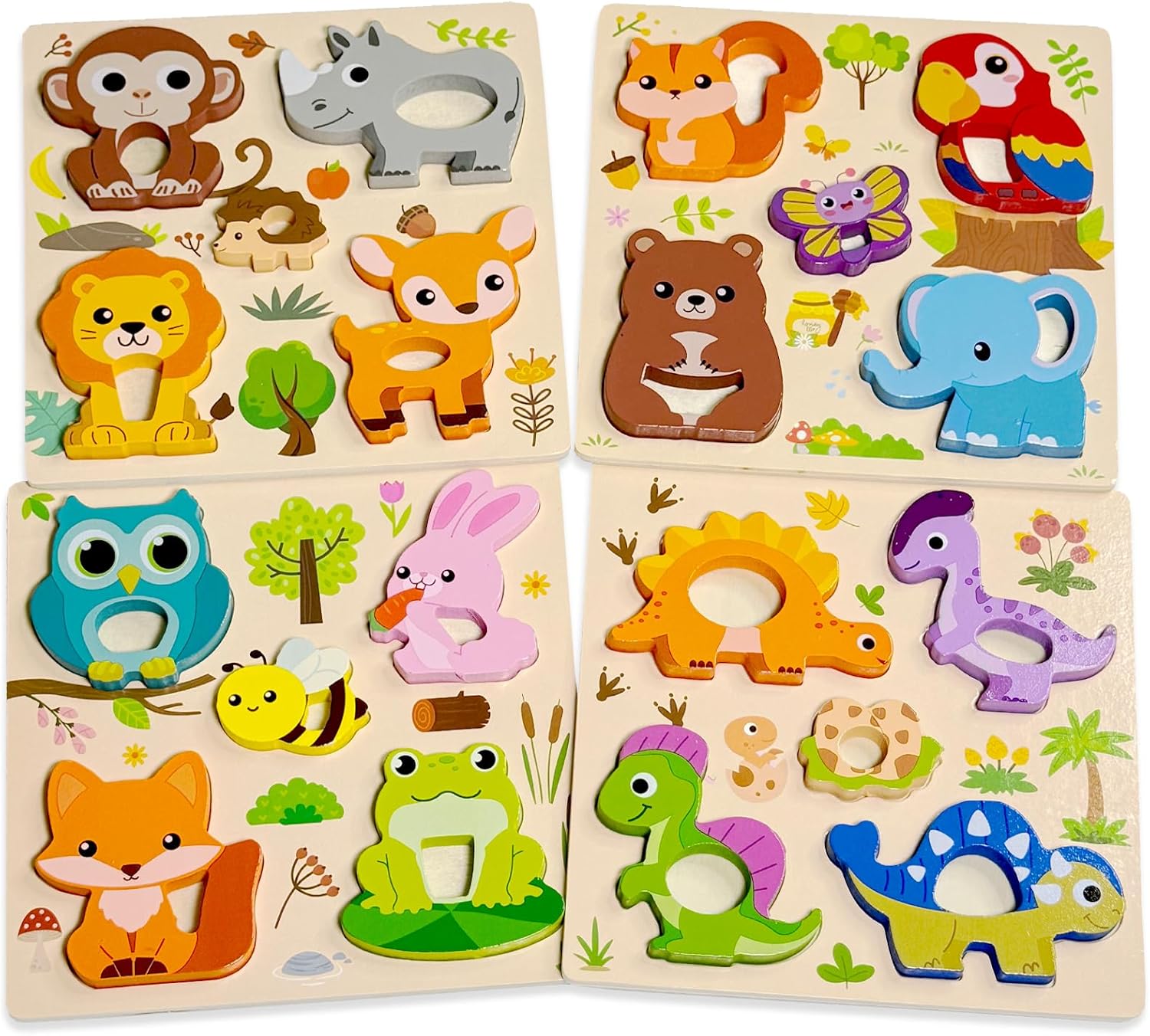 Holzpuzzle ab 1 Jahr, 4 Stück Tier Steckpuzzle Holz, Montessori Holzspielzeug Baby, Lernendes Pädagogisches Greifpuzzle Motorikspielzeug Babyspielzeug Geschenk Mädchen und Jungen Kinder ab 2