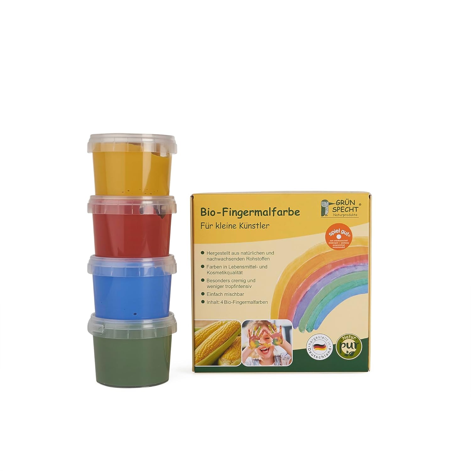 Grünspecht Bio-Fingermalfarbe, Fingerfarben Set für Kinder, 4 Farben aus natürlichen Rohstoffen, cremig, gelb, rot, grün, blau (691-00)