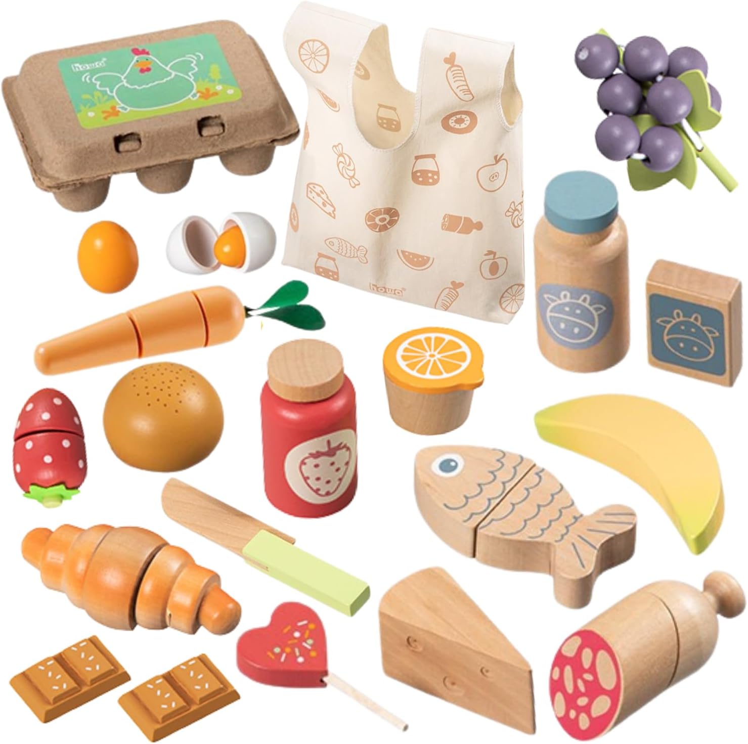 howa Kaufladen Zubehör Kinderküche Zubehör Holz, 25-teiliges Holzspielzeug Set Spiellebensmittel - Obst, Gemüse, Wurst, Käse, Fisch, Brötchen und mehr Spielküche Zubehör für kreative Rollenspiele 4895
