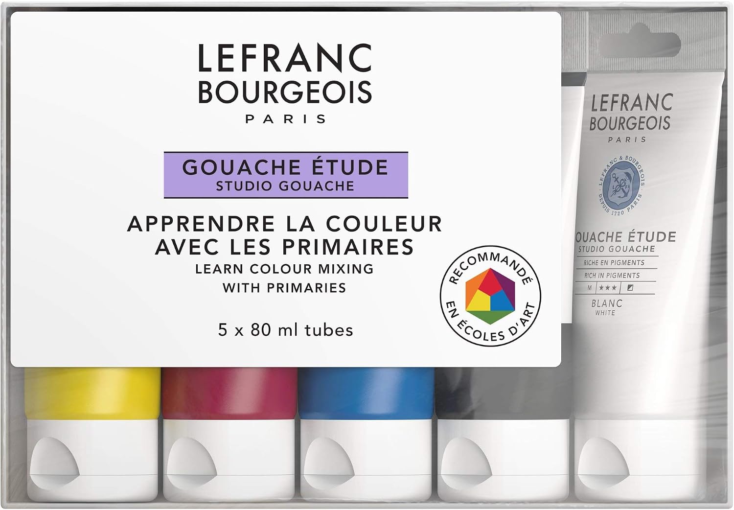 Lefranc Bourgeois 301241 Gouachefarbe, Primärfarben Set mit 5 Tuben, 80 ml Malfarbe pro Tube, kräftige, lichbeständige, deckende Farben mit gleichmäßiger cremiger Konsistenz