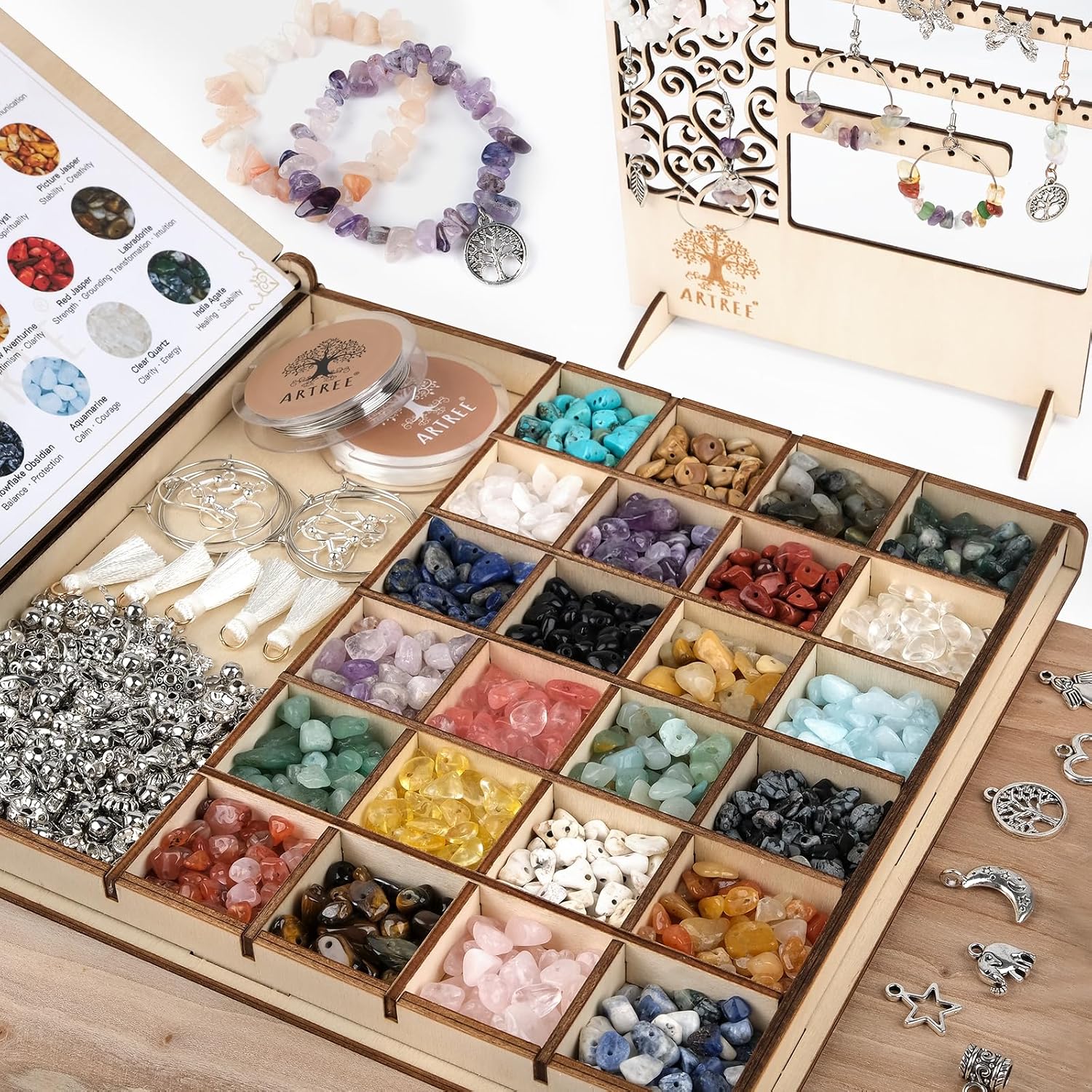 24 Sorten Naturstein Perlen, Edelsteine Chips zum Auffädeln im Holzbox Set, DIY Armband & Ohrring Zubehör mit Schmuckständer, Geschenk für Anfänger & Kreative