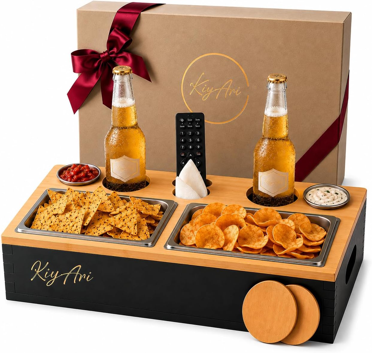 Couchbar Snackbox aus Bambus 2 Getränkehalter 2 Snackschalen Handyhalter